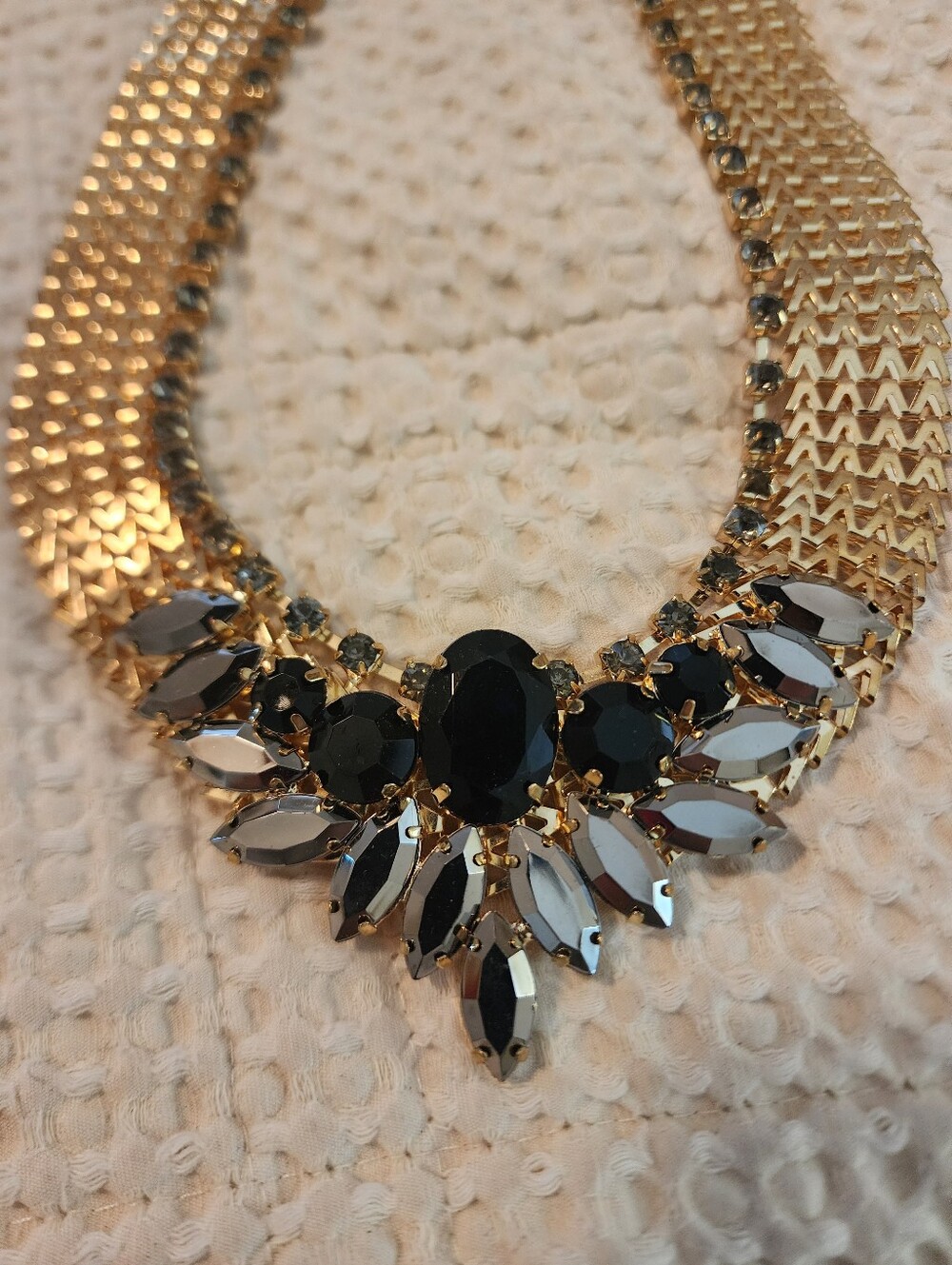 Gold Statement Chainmail Necklace with Black & Gunmetal Rhinestones Lightweight